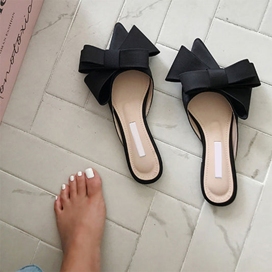 2018 spring and summer women&#39;s shoes Korean silk satin Pointed bow tie slippers Baotou flat heel sets semi slippers