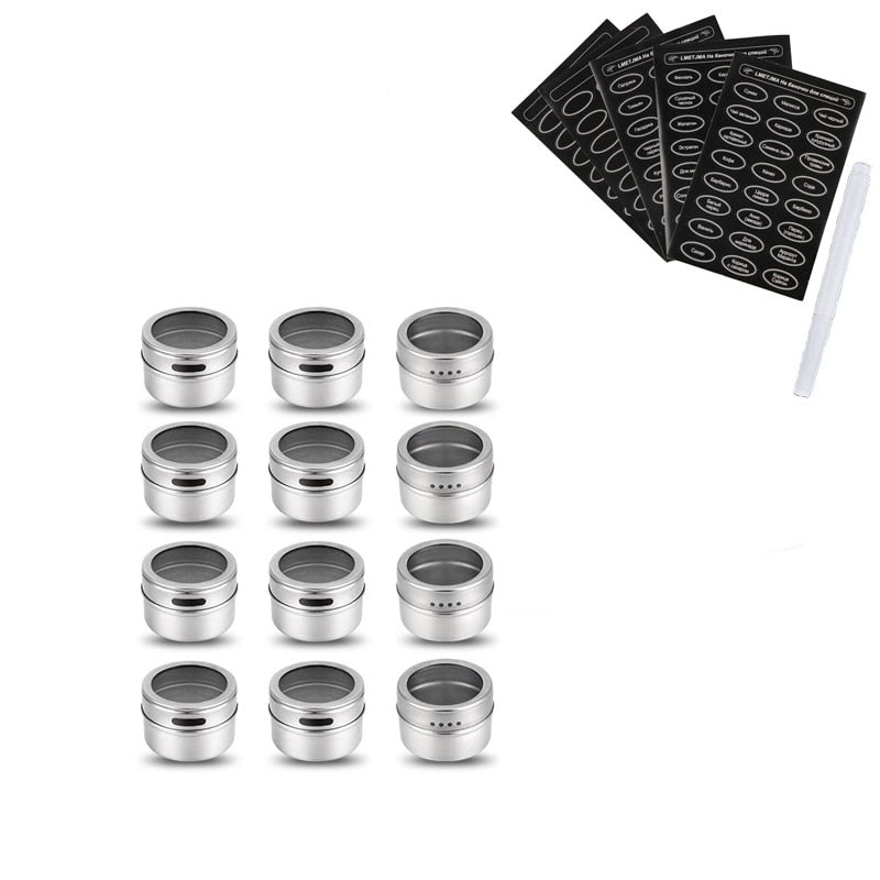 LMETJMA Magnetic Spice Jars With Russian Spice Labels Stainless Steel Magnetic Spice Tins Set Magnetic on Refrigerator KC0241