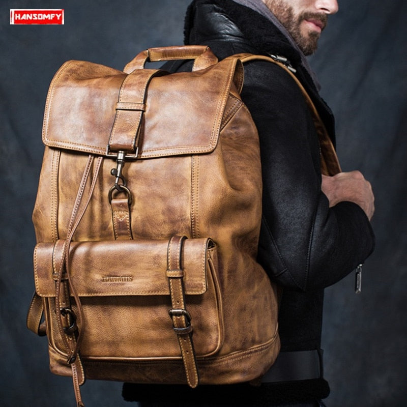 Genuine Leather Men Backpack Travel Shoulder Bag Full Leather Large Capacity Men&#39;s Laptop Backpacks First Layer Cowhide Bags