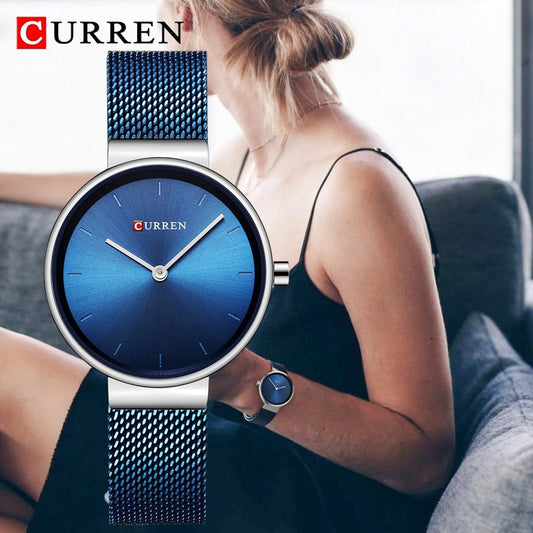 CURREN Ladies Watches Luxury Brand Stainless Steel Mesh Belt Quartz Watch Women Casual Fashion Blue Female Clock Montre Femme