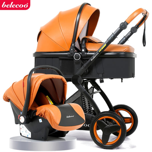 Belecoo baby stroller high landscape baby stroller basket can sit lying folding 3in1 leather baby stroller with car seat  gift