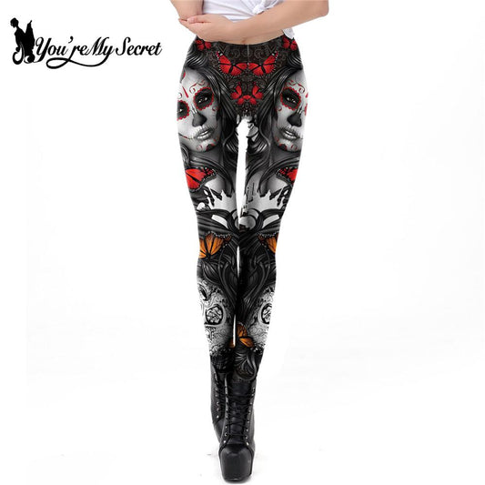 [You&#39;re My Secret] 2021 New Gothic Printed Leggings For Women Halloween Skull Sexy Legging Rose Pattern Fitness Workout Leggins