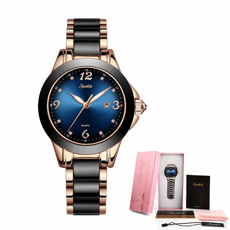 Women&#39;s Watches SUNKTA Ladies Quartz Watch Fashion Waterproof Ceramic Stainless Steel Band Watch Black Gold Wrist Watch+Box