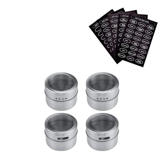 LMETJMA Magnetic Spice Jar Set With Stickers Stainless Steel Spice Tins Spice Storage Container Pepper Seasoning Sprays Tools