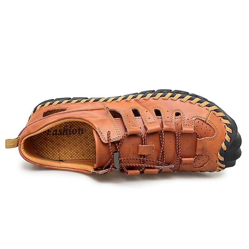 Men Genuine Cow Leather Sandals 2019 Summer Handmade Men Shoes Man Breathable Casual Shoes Flat Walking Sandals Male Footwear
