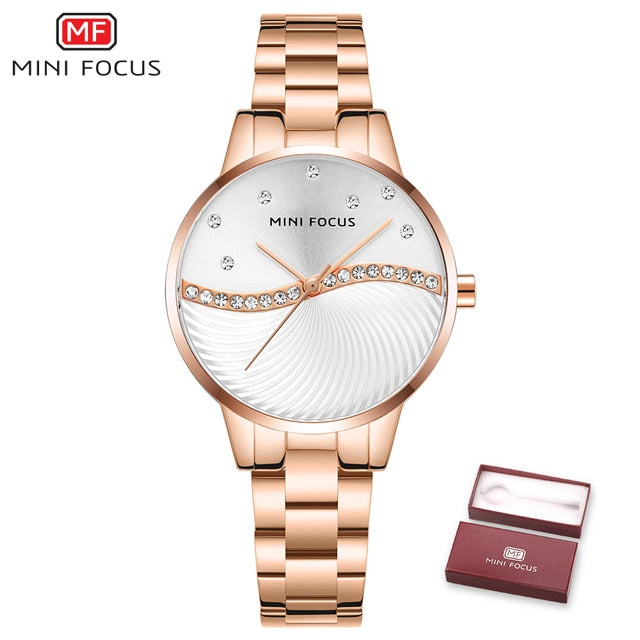 MINI FOCUS Top Brand Luxury Fashion Women Watches Lady Purple Stainless Steel Strap Waterproof Quartz-Watches Feminine +Gift Box