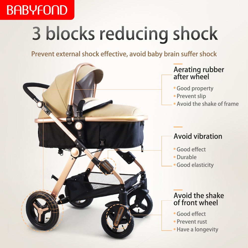 Babyfond Baby Stroller 3 in 1 High Landscape Baby Cart PU Leather Stroller With Car Seat 2 in 1 Luxury Baby Stroller CE Safety
