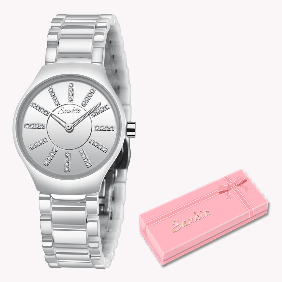 SUNKTA luxury women watches brand crystal fashion White Bracelet watches ladies watch waterproof watch women Relogio Feminino
