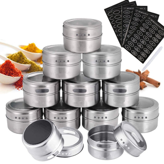 LMETJMA Magnetic Spice Jars With Russian Spice Labels Stainless Steel Magnetic Spice Tins Set Magnetic on Refrigerator KC0241