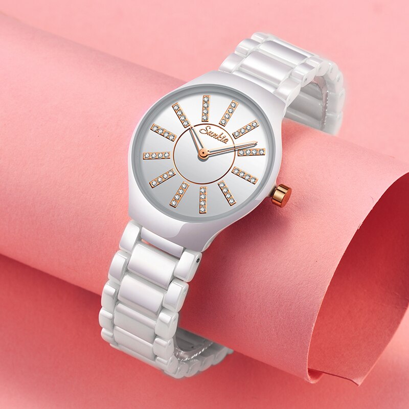 SUNKTA luxury women watches brand crystal fashion White Bracelet watches ladies watch waterproof watch women Relogio Feminino