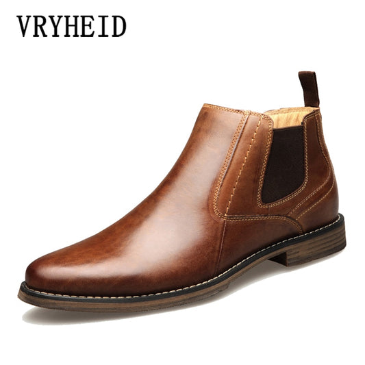 VRYHEID Genuine Leather Men's Chelsea Boots High Top Casual Comfort Dress Shoes Fashion Brown Chukka Ankle Boots Plus Size 42-50