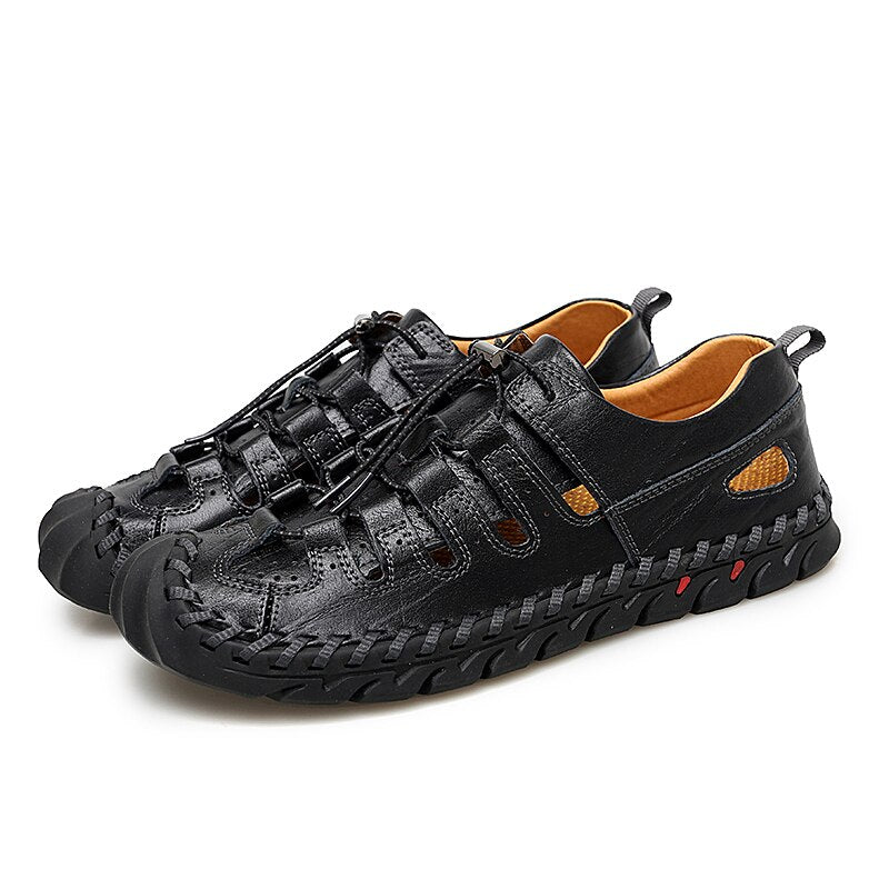 Men Genuine Cow Leather Sandals 2019 Summer Handmade Men Shoes Man Breathable Casual Shoes Flat Walking Sandals Male Footwear