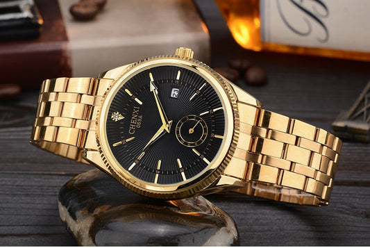CHENXI Gold Watch Men Watches Top Brand Luxury Famous Wristwatch Male Clock Golden Quartz Wrist Watch Calendar Relogio Masculino