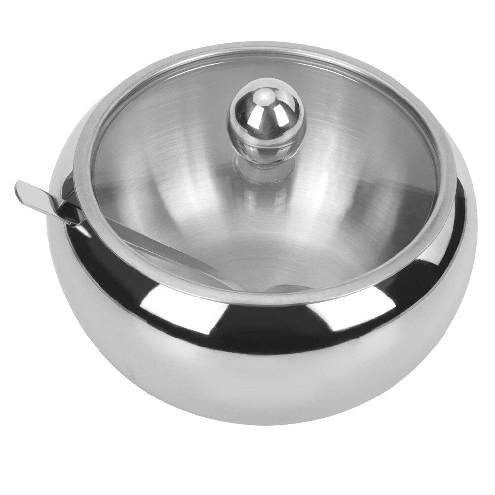 LMETJMA Large 300ML Sugar Bowl Stainless Steel Sugar Bowl with Glass Lid and Spoon Seasoning Spice Bowl Container KC0247