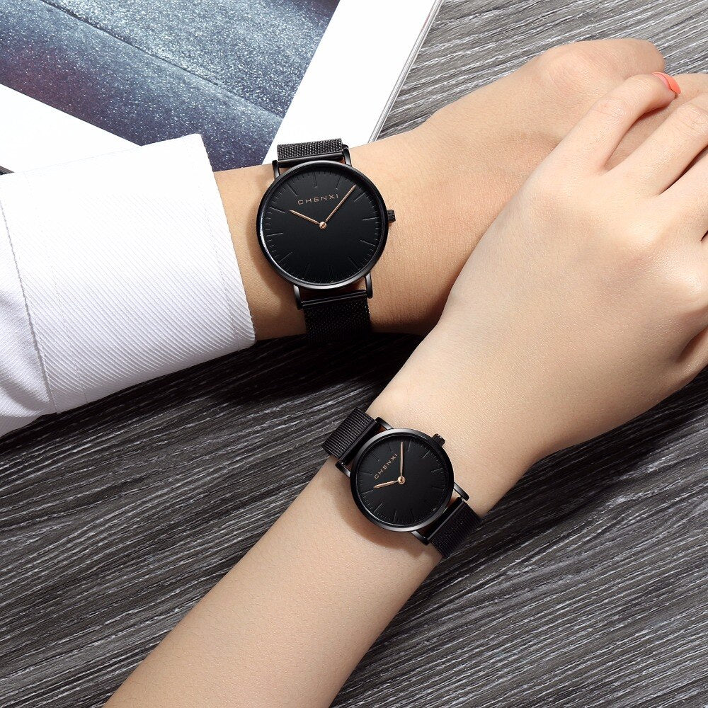 CHENXI Brand Fashion Lovers Wristwatches Women Dress Watches Women Quartz-Watch Men Casual Mesh Strap Ultra Thin Clock Watches
