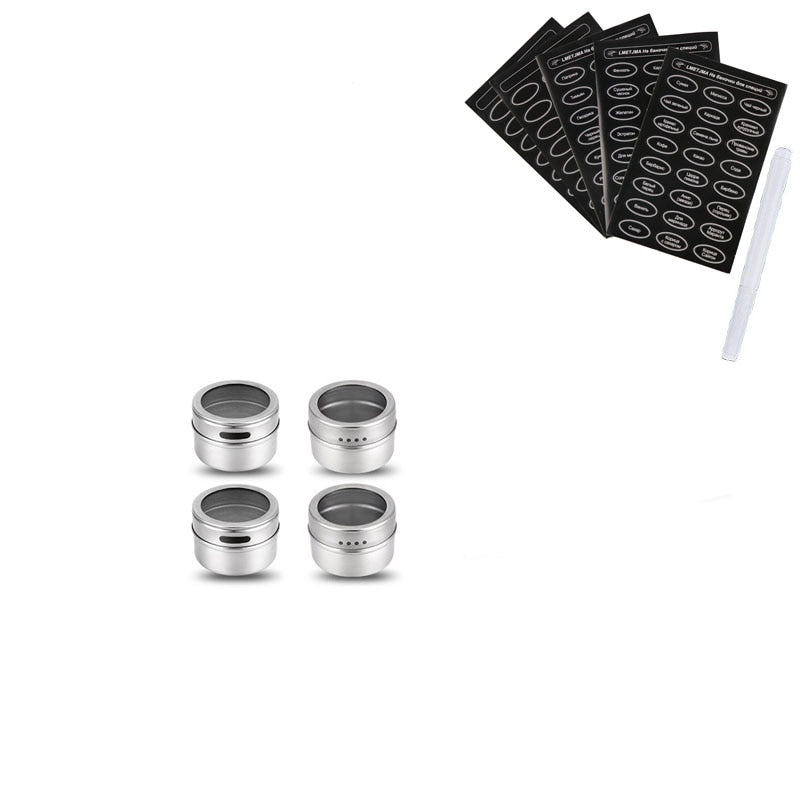 LMETJMA Magnetic Spice Jars With Russian Spice Labels Stainless Steel Magnetic Spice Tins Set Magnetic on Refrigerator KC0241
