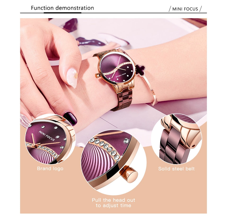 MINI FOCUS Top Brand Luxury Fashion Women Watches Lady Purple Stainless Steel Strap Waterproof Quartz-Watches Feminine +Gift Box