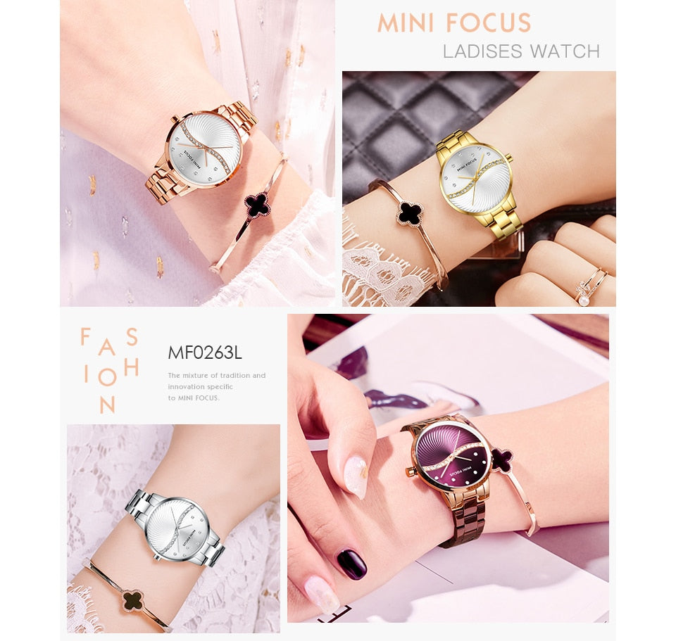 MINI FOCUS Top Brand Luxury Fashion Women Watches Lady Purple Stainless Steel Strap Waterproof Quartz-Watches Feminine +Gift Box