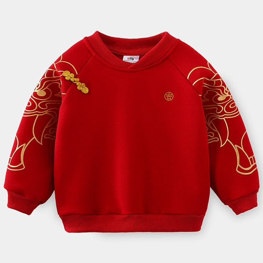 2022 Winter 2 3-12 Years Embroidery Red Ethnic Thickening Traditional Chinese New Year Style Sweatshirt For Kids Baby Boys Girls