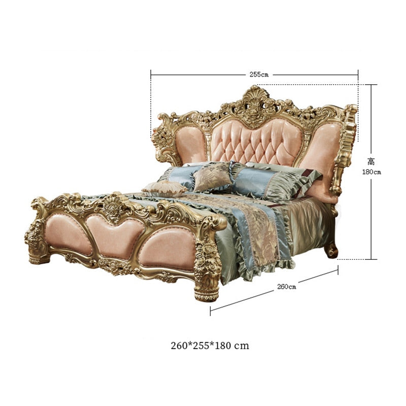 European-style Luxury Villa 2m Big Bed Solid Wood Carved First Layer Cowhide Luxury Hotel Bed Queen Size Bed Frame and Mattress