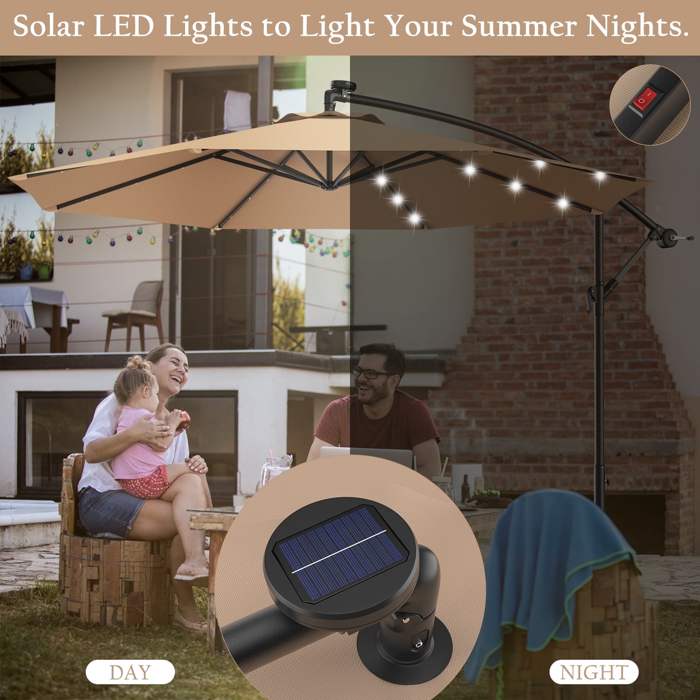 Costway 10&#39; Hanging Solar LED Umbrella Patio Sun Shade Offset Market W/Base OP70754