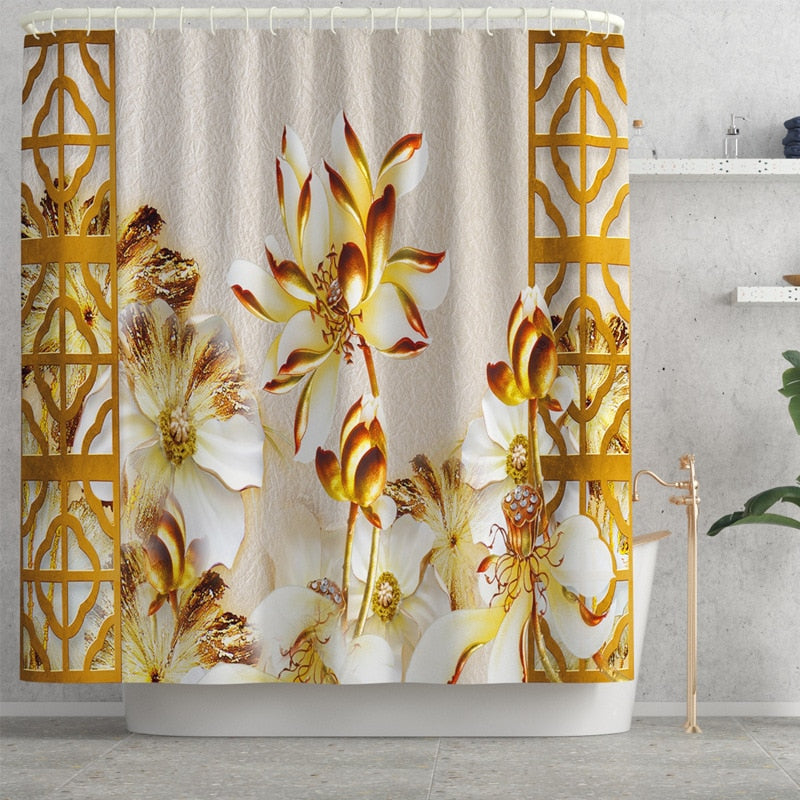 4pcs Floral Bathroom Carpet Bath Curtain Set Toilet Rugs and Shower Curtain Toilet Seat Cover Floor Mat Bathroom Mat Shower Mat
