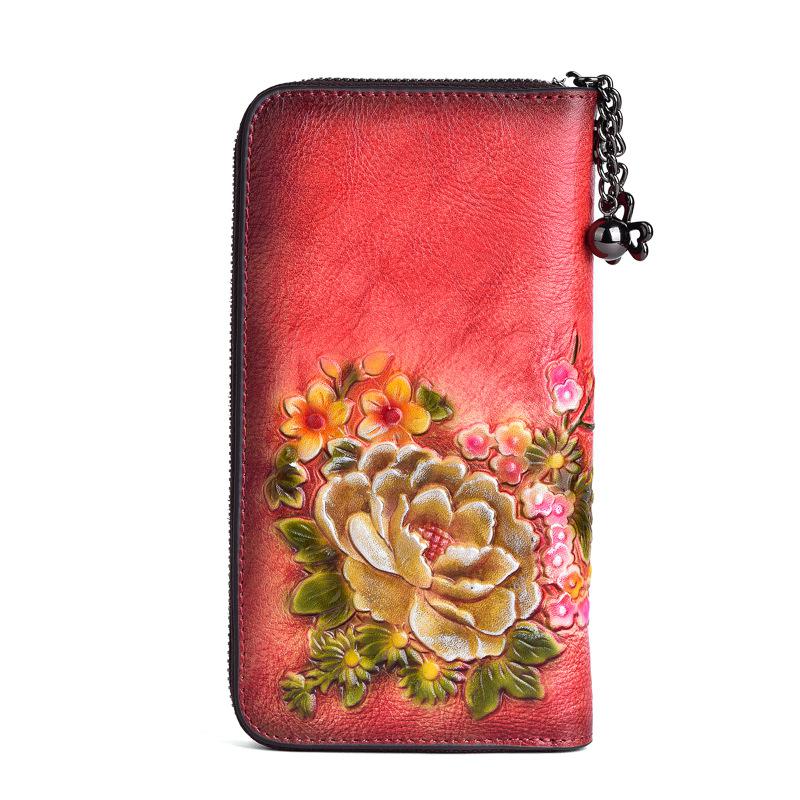 MOTAORA 2022 New Chinese Style Retro Women Wallet Genuine Leather Long Zipper Purse Vintage Handmade Embossed Clutch Card Holder