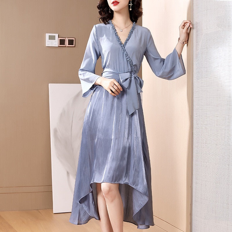 Spring and summer new women fashion V-neck sleeve irregular silk dress | Best silk dress women | V neck Dress  www.chishtismart.com