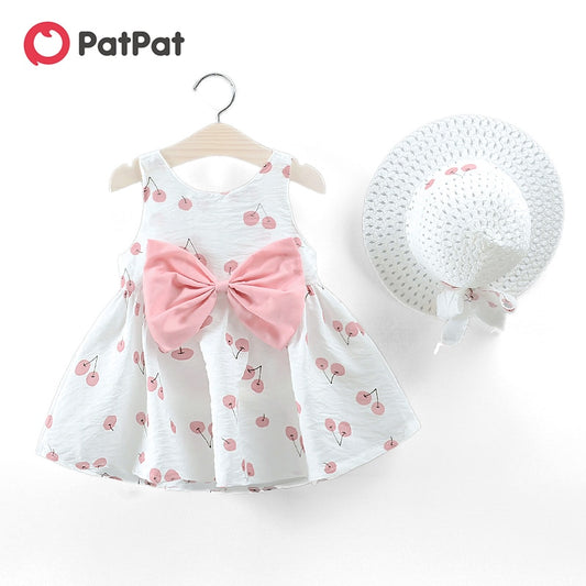PatPat New Summer 2-piece Baby and Toddler Fruit Apple Cherry Allover Bow Decorative Sleeveless Dress and Hat Set