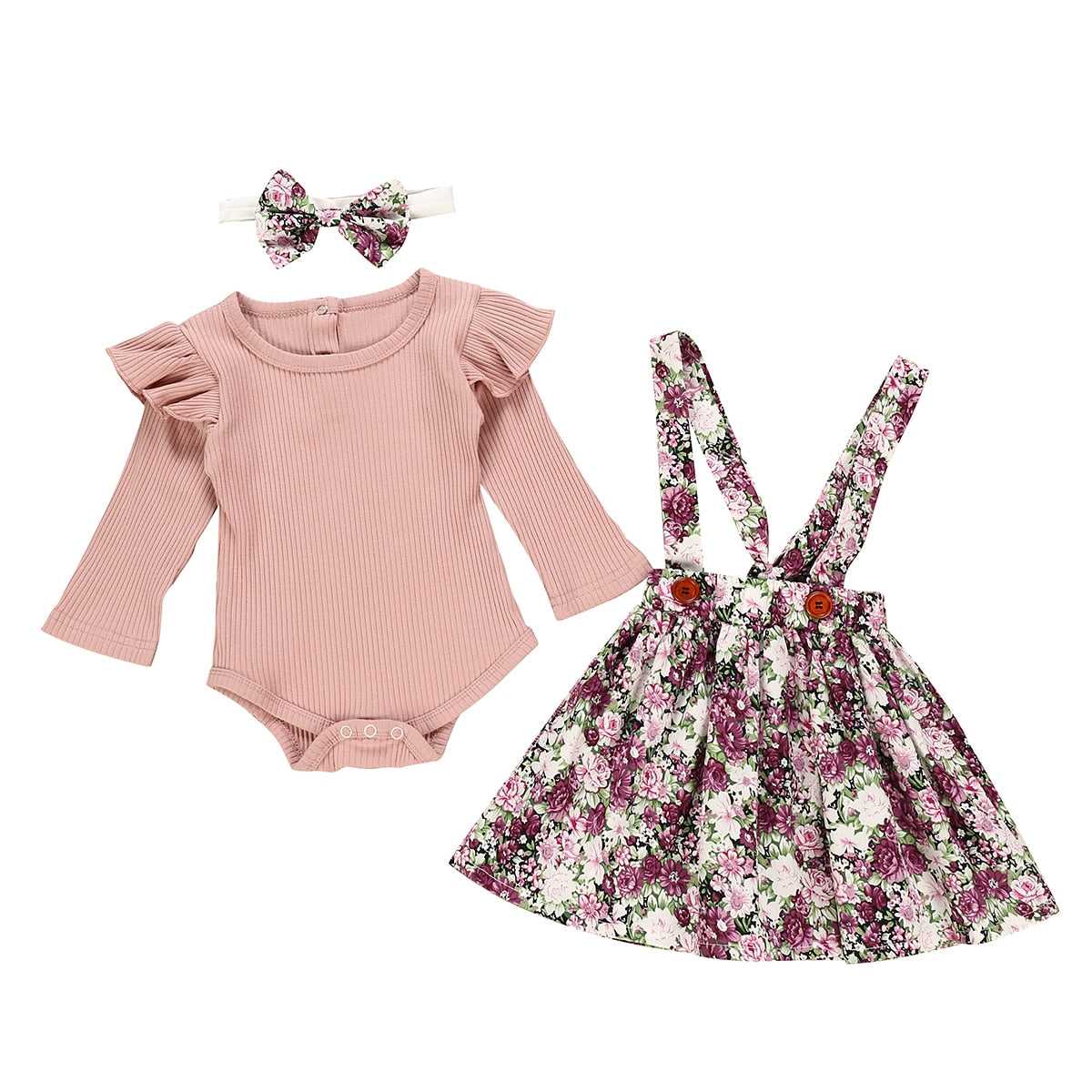 3Pcs Baby Girl Clothes Set Summer Newborn Infant Solid Color Romper Ruffle Floral Dress Overalls Outfit For Toddler Clothing