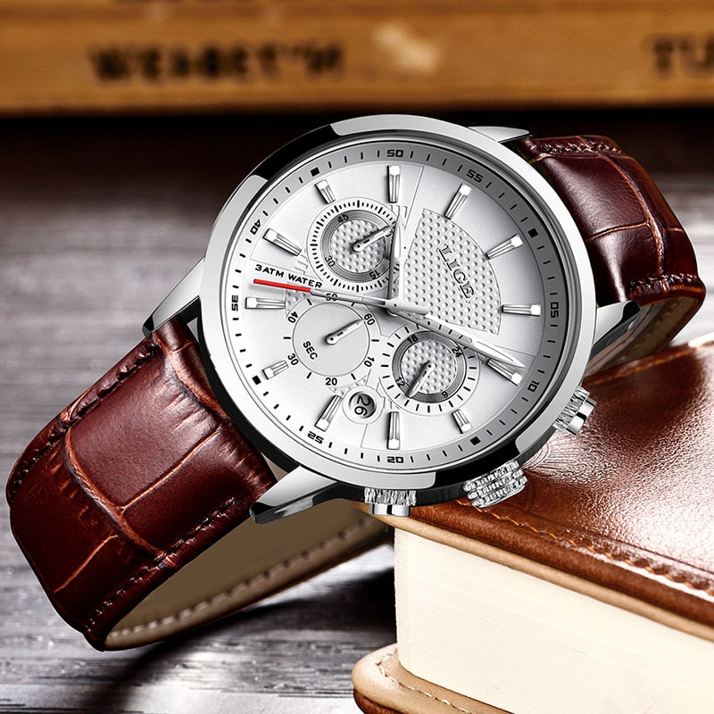 2022 New Mens Watches LIGE Top Brand Leather Chronograph Waterproof Sport Automatic Date Quartz Watch For Men Relogio Masculino