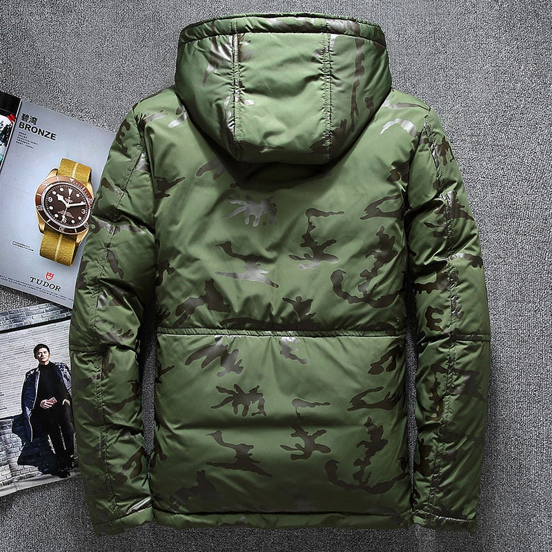 Winter Down Parkas Jacket Men, Windbreaker White Duck Down Parkas, Snow Camouflage Hooded Thicken Warm Jackets Overcoat -20 Degree