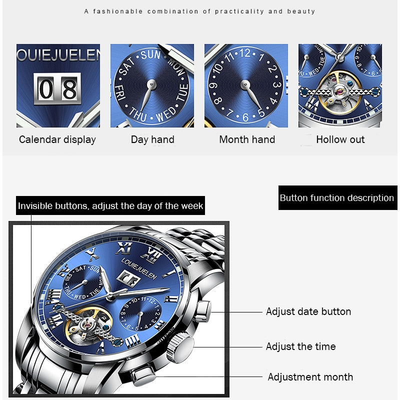 BELUSHI Men Automatic Mechanical Watch Luxury Business Stainless Steel Watches Luminous hands Tourbillon Waterproof Wristwatch