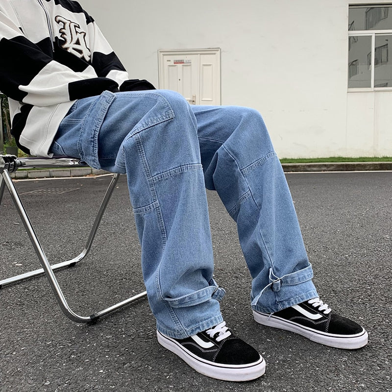 Men Wide Leg Jeans Hip Hop Casual Men&#39;s Straight Baggy Denim Pants Streetwear Skateboard Pant Neutral Trousers Plus Size S-5XL