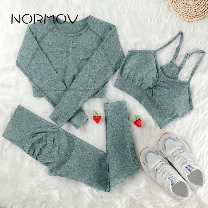 NORMOV Yoga Sets 2/3/4 Pieces Sports Seamless Fitness Suits Gym Sexy Sets 2021 Long Short Women Set Workout Sportswear