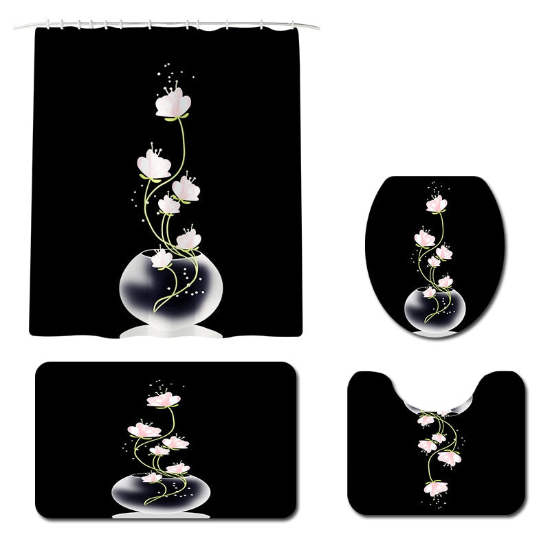 Non Slip Toilet Seat Cover Bath Mat Polyester Waterproof Shower Curtain Set Bathroom Carpet Home Decor Bathroom Foot Mat
