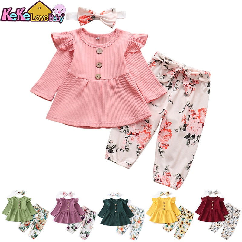 Newborn Baby Girl Clothes Set Solid Knitting Long Sleeve Tops Floral Print Pants Headband 3Pcs Outfits Casual Infant Clothing