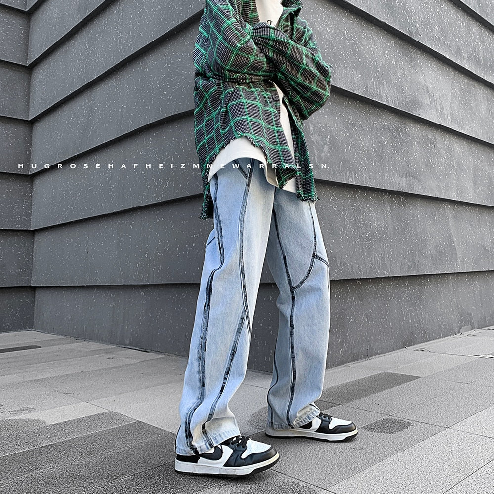 Men&#39;s High Street Line Print Denim Pants Fashion Streetwear Straight Jeans For Men Baggy Casual Biker Jeans Black/Light blue