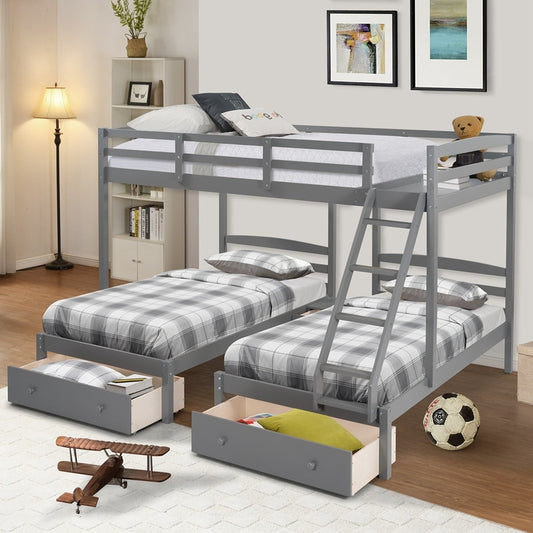 Wood Triple Bunk Bed Full Over Twin & Twin Bunk Bed With Guardrails For Kids Teens Adults