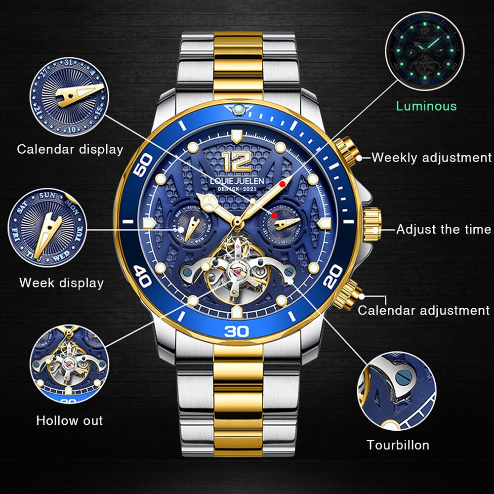 BELUSHI Top Brand Luxury Mens Business Watches Automatic Mechanical Watch Tourbillon Waterproof Clock Stainless Steel Wristwatch