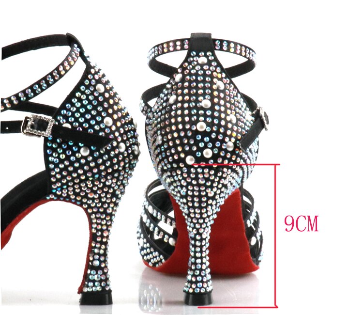 WUXIJIAO Women Latin Dance Shoes Rhinestones Soft Bottom Salsa Shoes For Dancing Ladies Sandals Women&#39;s Wedding Hight Heels 7.5C