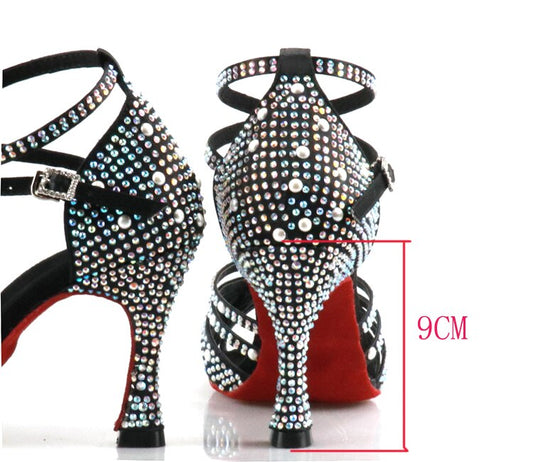 WUXIJIAO Women Latin Dance Shoes Rhinestones Soft Bottom Salsa Shoes For Dancing Ladies Sandals Women&#39;s Wedding Hight Heels 7.5C