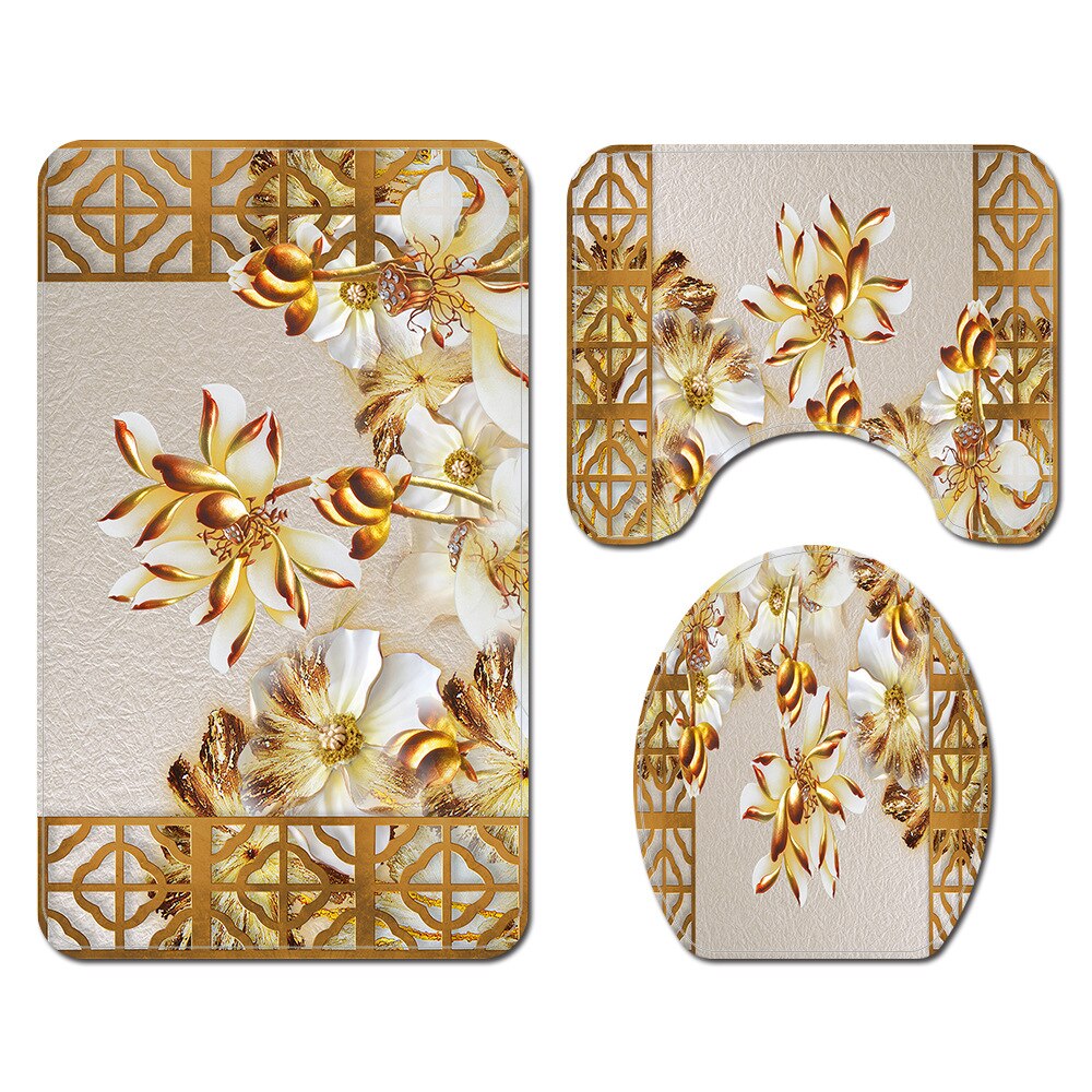 4pcs Floral Bathroom Carpet Bath Curtain Set Toilet Rugs and Shower Curtain Toilet Seat Cover Floor Mat Bathroom Mat Shower Mat