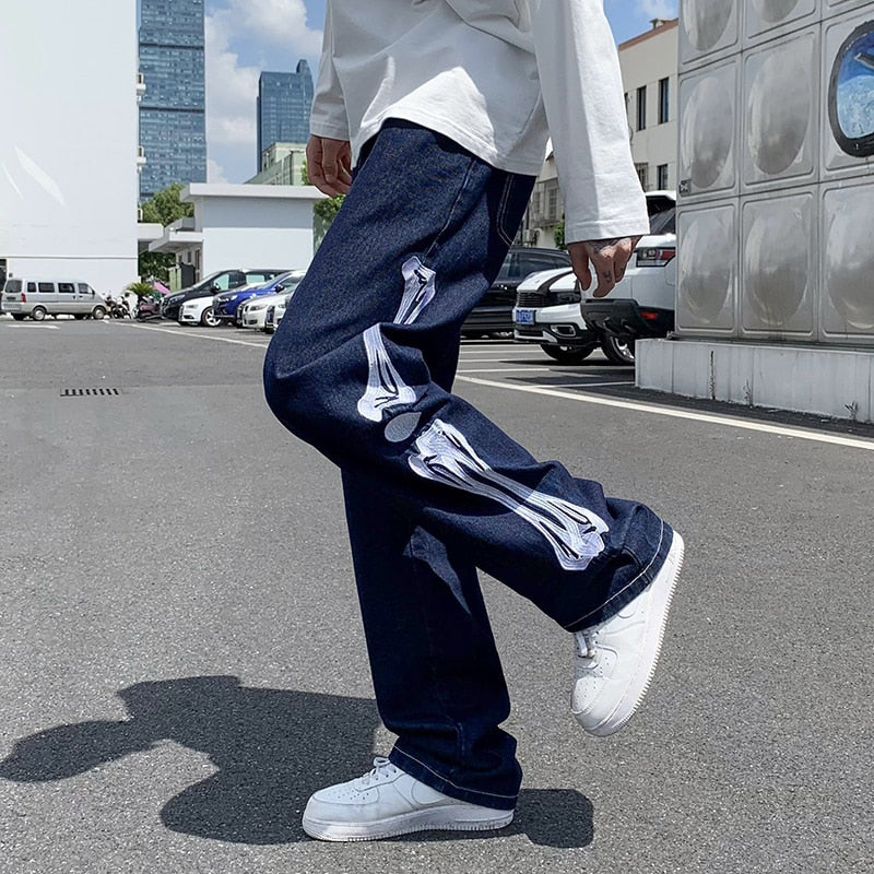 Straight Jean Pants Man Skeleton Embroidery  Mopping Trousers Mens Streetwear Denim Pants Men&#39;s Clothing Jeans for Men Man Baggy