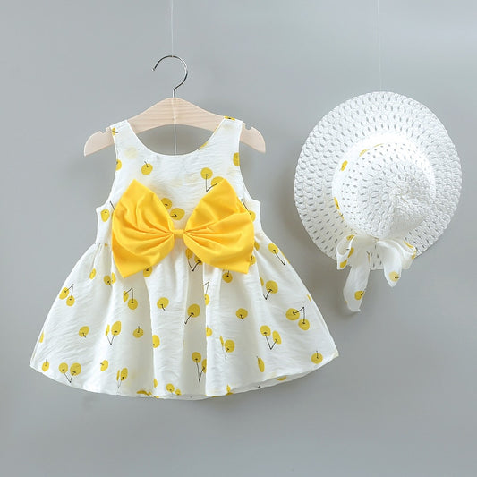 PatPat New Summer 2-piece Baby and Toddler Fruit Apple Cherry Allover Bow Decorative Sleeveless Dress and Hat Set