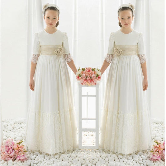 Chiffon Lace Half Sleeve first communion dresses for girls Flower Girl Dresses for weddings Girls pageant Birthday dresses