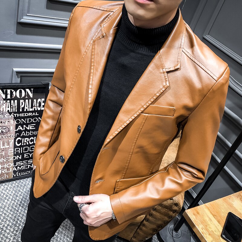 New Slim Causal PU Leather Jacket Coat Men Spring Motorcycle Korean Fashion Mens Streetwear Blazers Youth Bomber Jackets