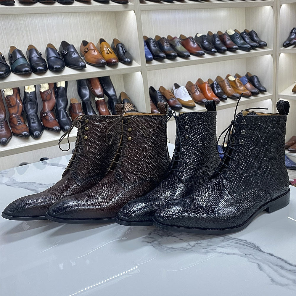 Luxury Mens Ankle Boots Real Cow Leather Snake Pattern Street Style High Top Mid-Calf Lace Up Western Winter Boots for Men 2021