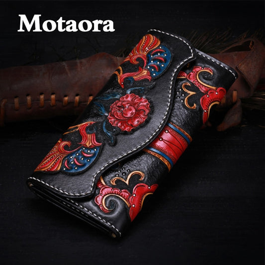 MOTAORA Ladies Handmade Carved Leather Vintage Women&#39;s Wallet Card Holder Floral Cowhide Purse Wallets Chinese Style Retro Bag