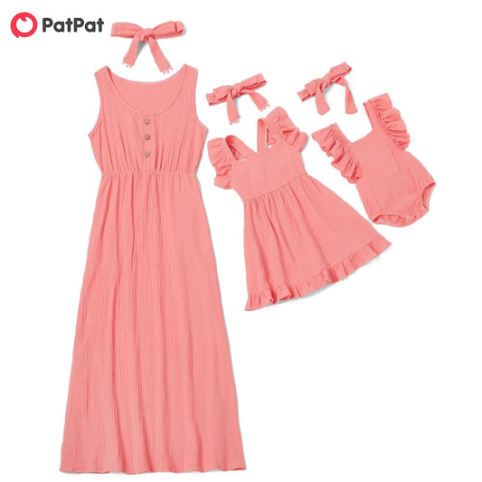 PatPat Mosaic Solid Color 100% Cotton Matching Maxi Dresses with Headband